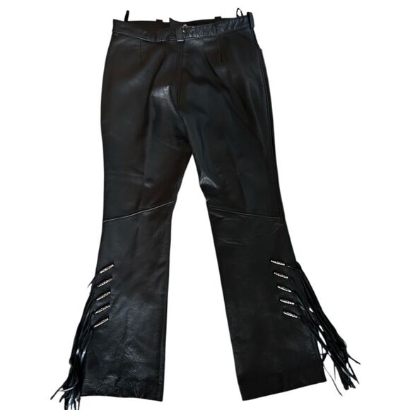 Harley-Davidson Black leather Pants with Fringe Details lined size 8 - Picture 5 of 12